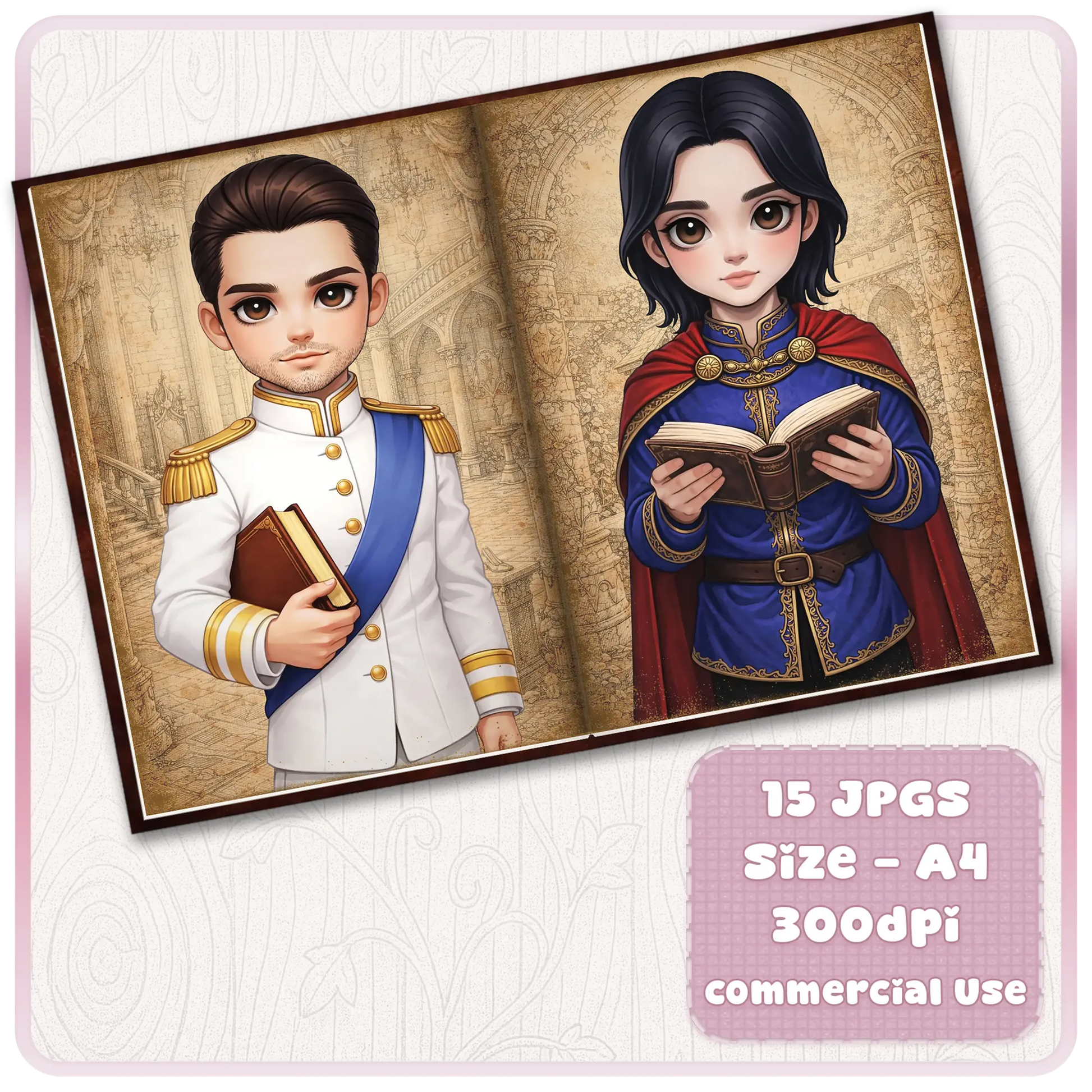 Fairytale prince printable pages with royal prince in white uniform and young noble reader in blue cloak, vintage storybook scrapbook design