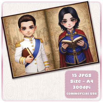 Fairytale prince printable pages with royal prince in white uniform and young noble reader in blue cloak, vintage storybook scrapbook design