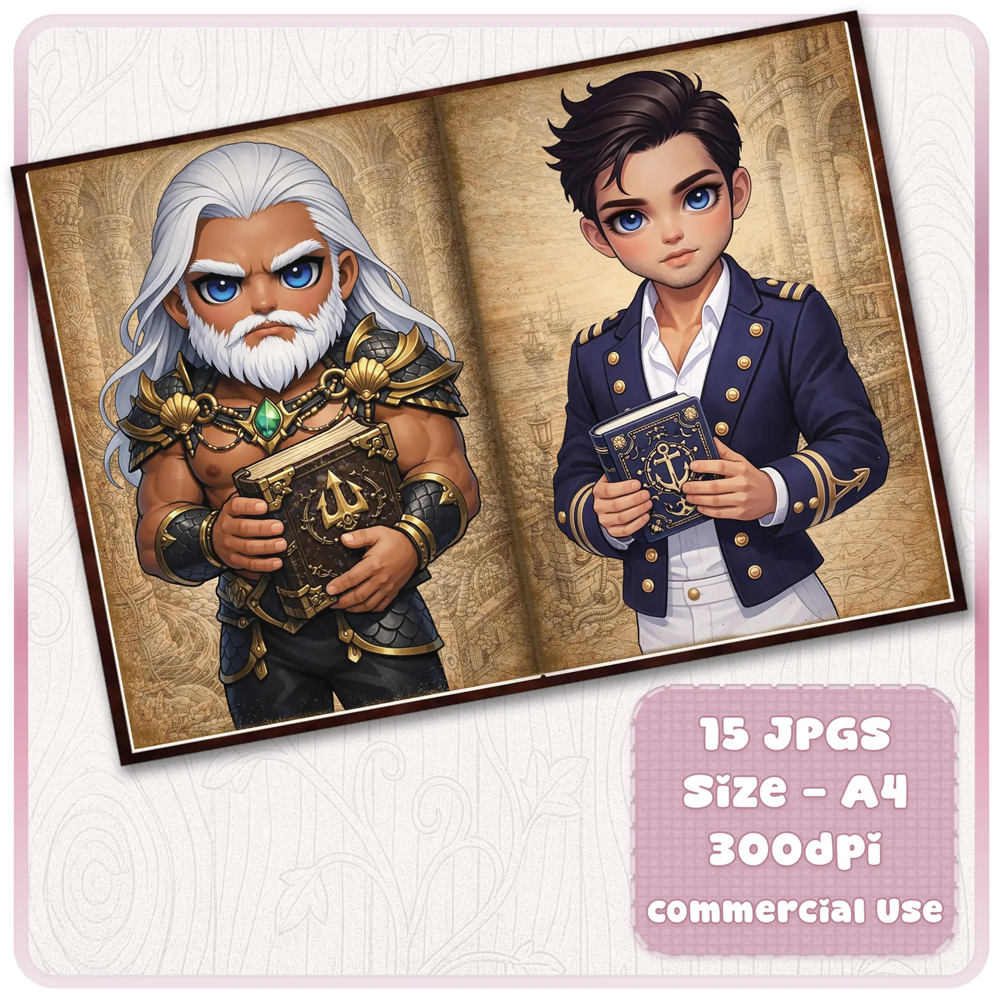 Fantasy king and royal officer scrapbook pages featuring bearded warrior king and navy prince holding books, printable journal kit