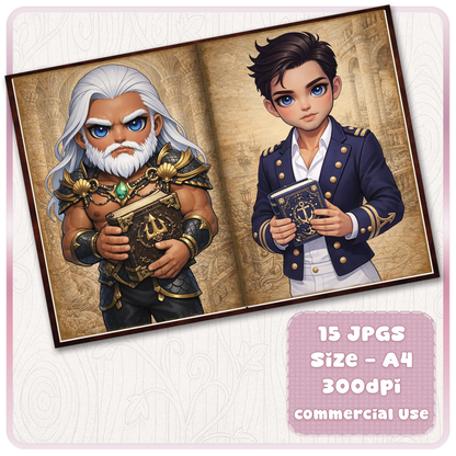 Fantasy king and royal officer scrapbook pages featuring bearded warrior king and navy prince holding books, printable journal kit