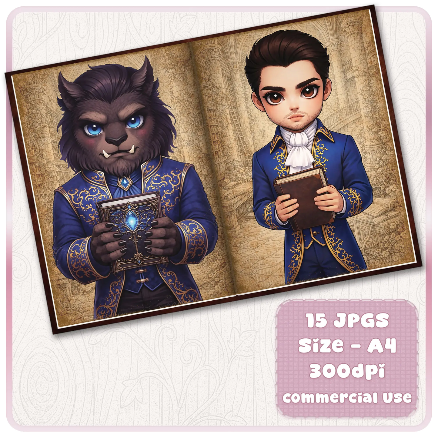 Beauty and the Beast inspired scrapbook pages with beast prince and nobleman character holding books, fairytale printable journal pages