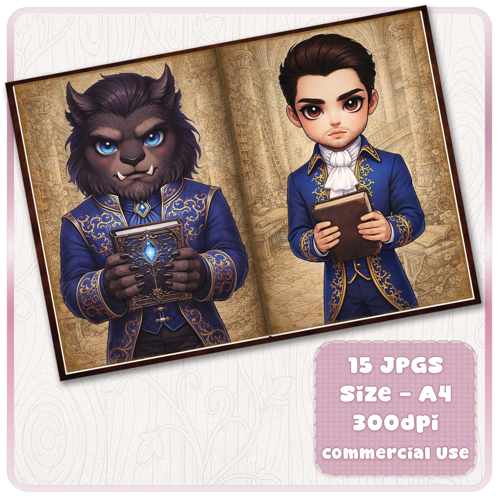 Beauty and the Beast inspired scrapbook pages with beast prince and nobleman character holding books, fairytale printable journal pages