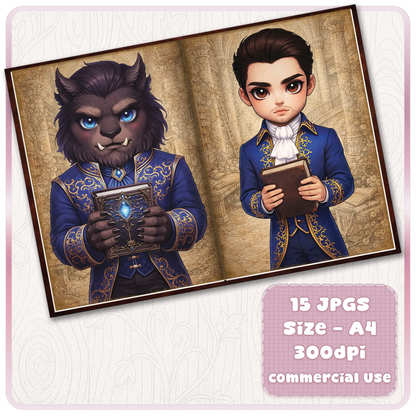 Beauty and the Beast inspired scrapbook pages with beast prince and nobleman character holding books, fairytale printable journal pages