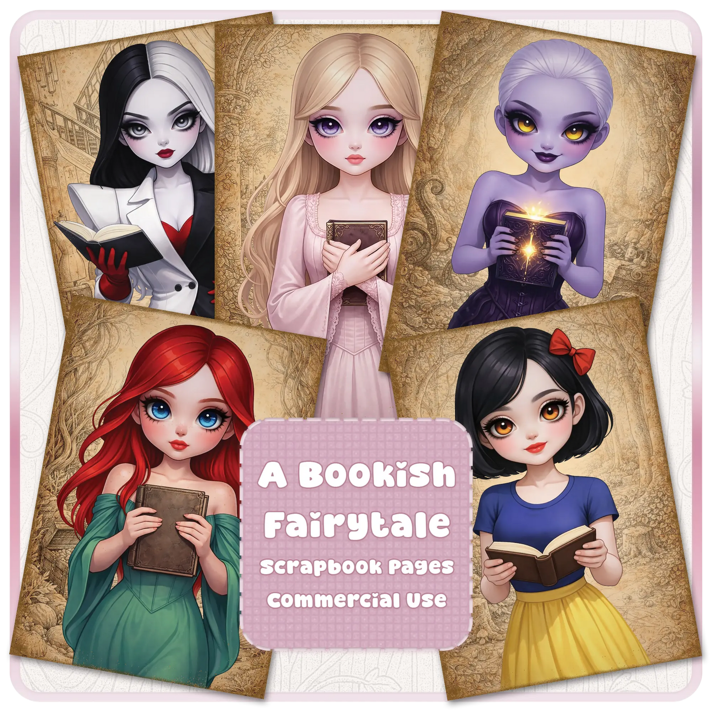 Bookish fairytale scrapbook pages bundle featuring cute princess girls reading books, fantasy characters, and vintage storybook backgrounds for printable journaling