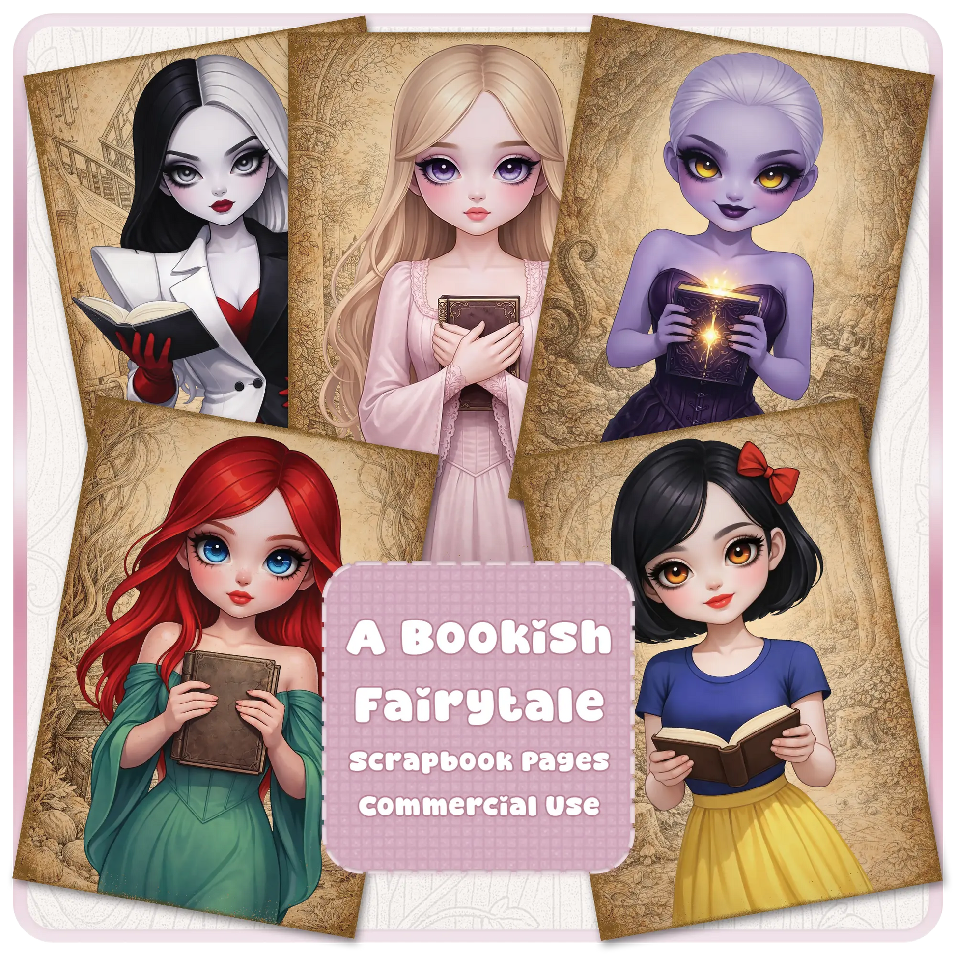Bookish fairytale scrapbook pages bundle featuring cute princess girls reading books, fantasy characters, and vintage storybook backgrounds for printable journaling