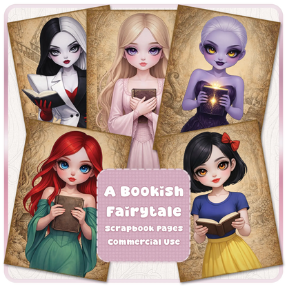 Bookish fairytale scrapbook pages bundle featuring cute princess girls reading books, fantasy characters, and vintage storybook backgrounds for printable journaling