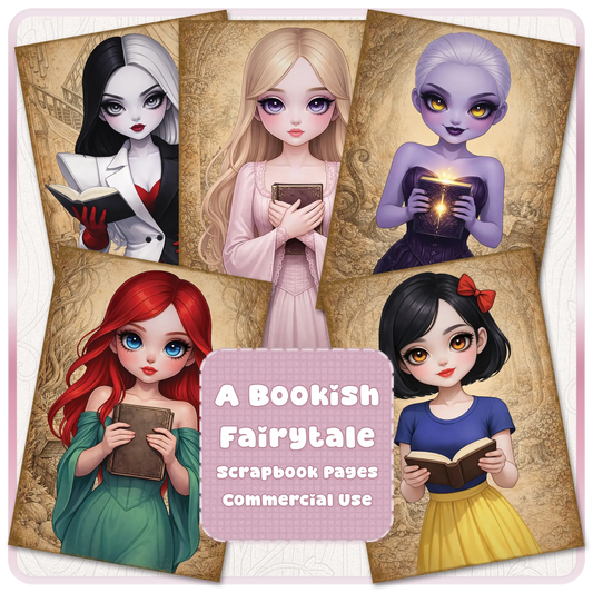 Bookish fairytale scrapbook pages bundle featuring cute princess girls reading books, fantasy characters, and vintage storybook backgrounds for printable journaling