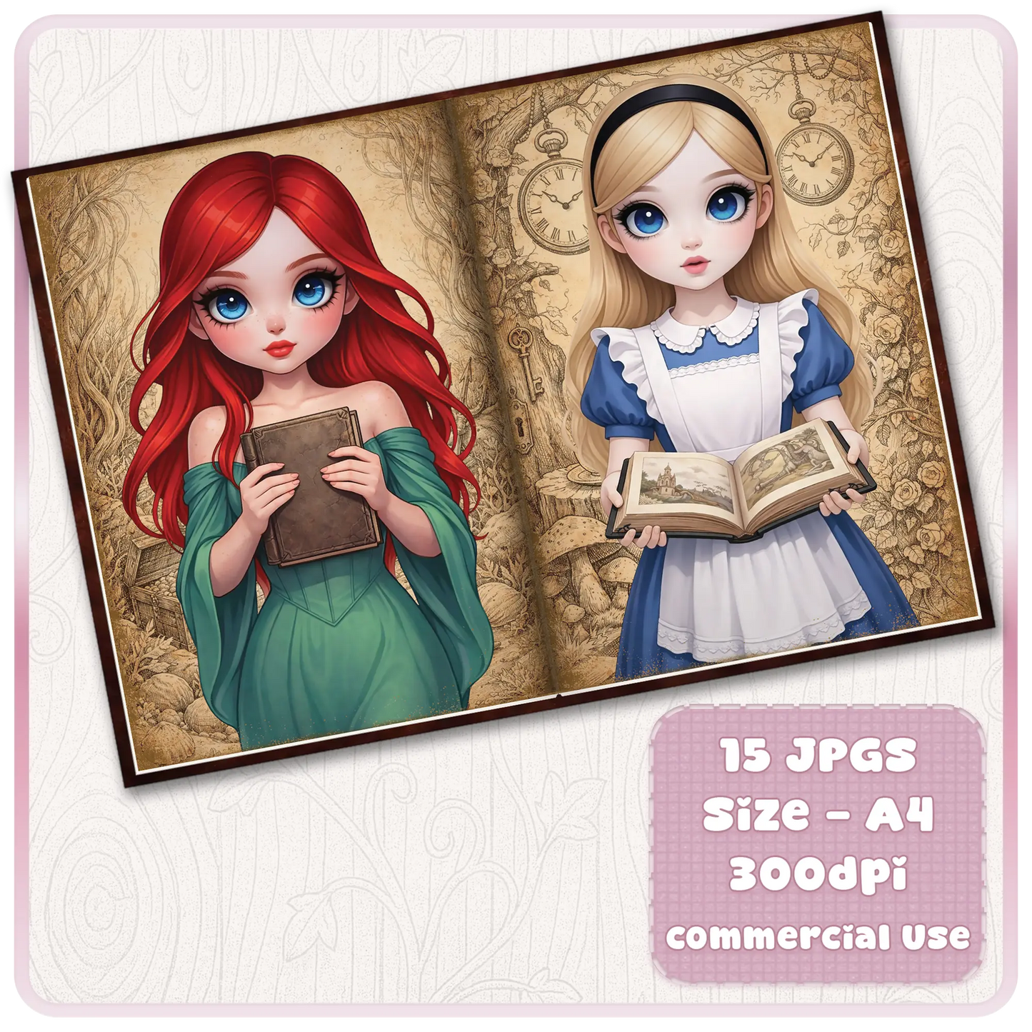 Printable fairytale scrapbook pages with red-haired princess and Alice-inspired girl reading books, vintage storybook style A4 300 DPI download