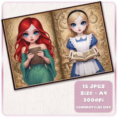 Printable fairytale scrapbook pages with red-haired princess and Alice-inspired girl reading books, vintage storybook style A4 300 DPI download