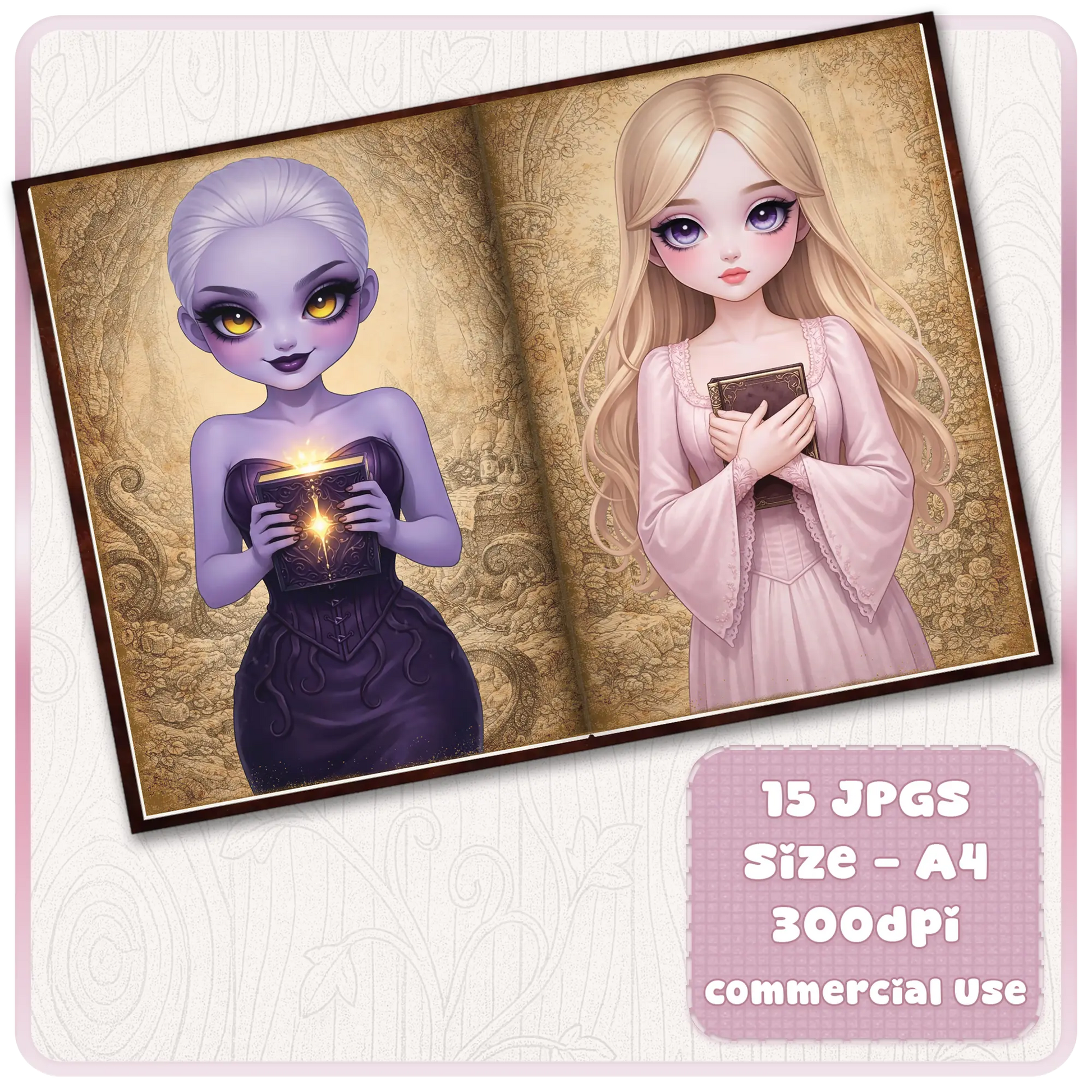 Fantasy fairytale journal pages with magical purple girl holding glowing book and blonde princess, whimsical printable scrapbook kit