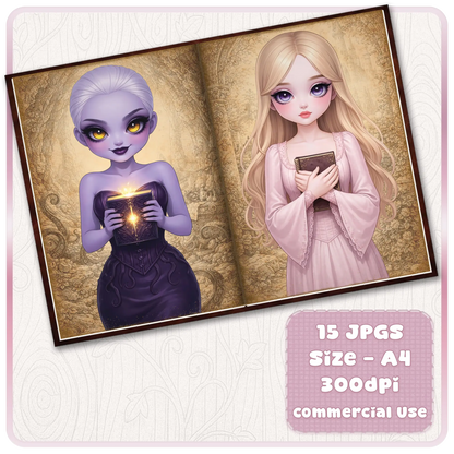 Fantasy fairytale journal pages with magical purple girl holding glowing book and blonde princess, whimsical printable scrapbook kit
