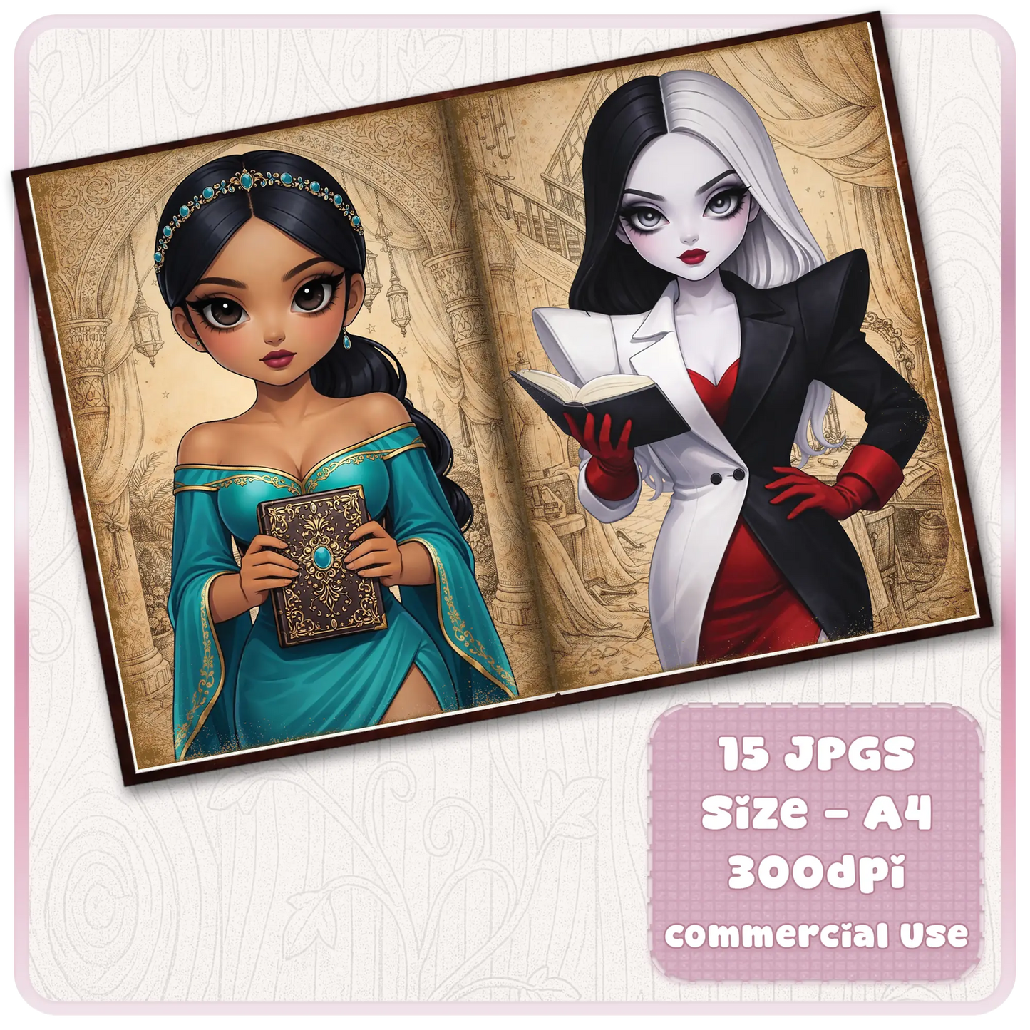 Fairytale princess scrapbook printable featuring Jasmine-inspired character and Cruella-style reader girl with book, vintage storybook background