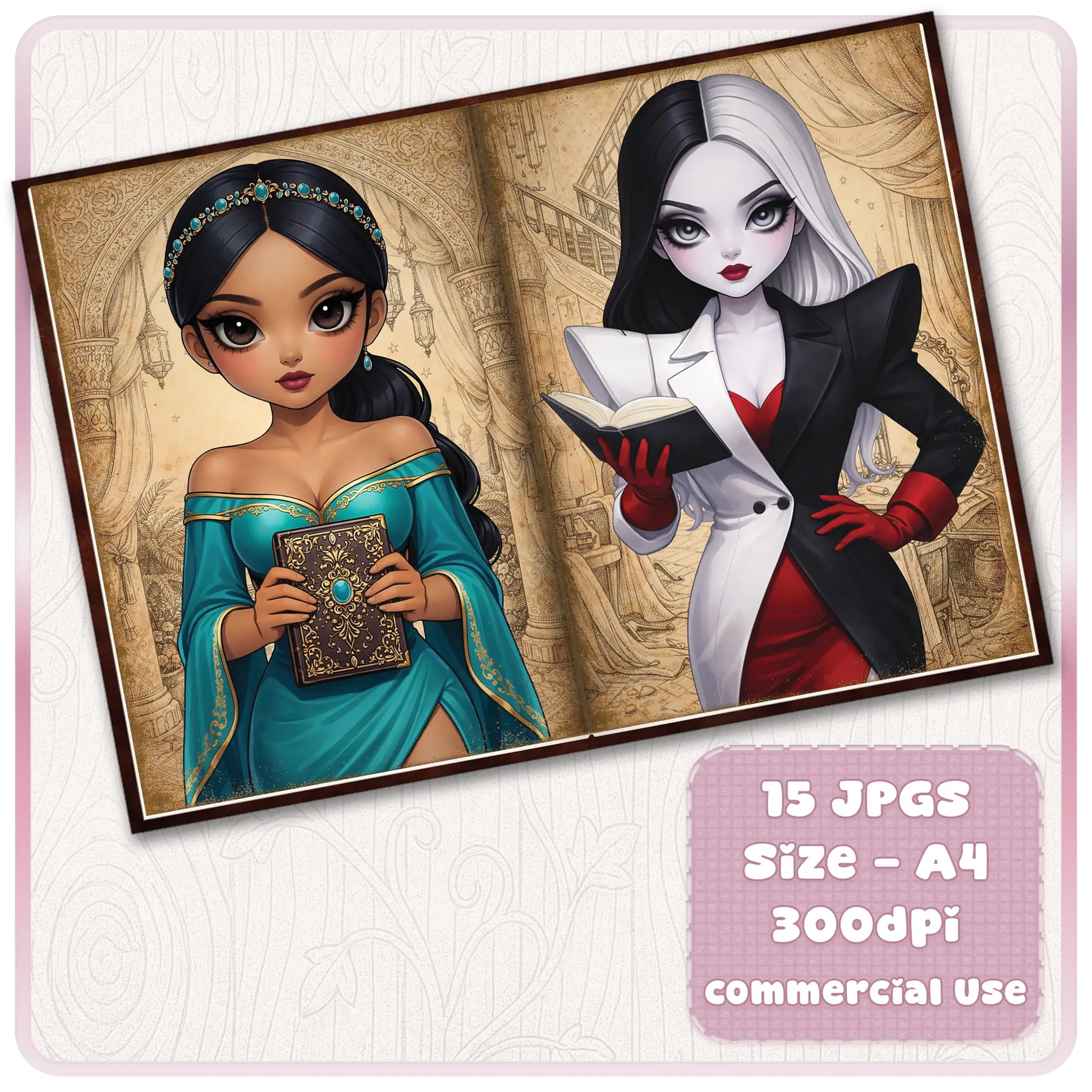 Fairytale princess scrapbook printable featuring Jasmine-inspired character and Cruella-style reader girl with book, vintage storybook background