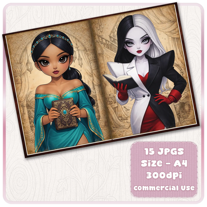 Fairytale princess scrapbook printable featuring Jasmine-inspired character and Cruella-style reader girl with book, vintage storybook background