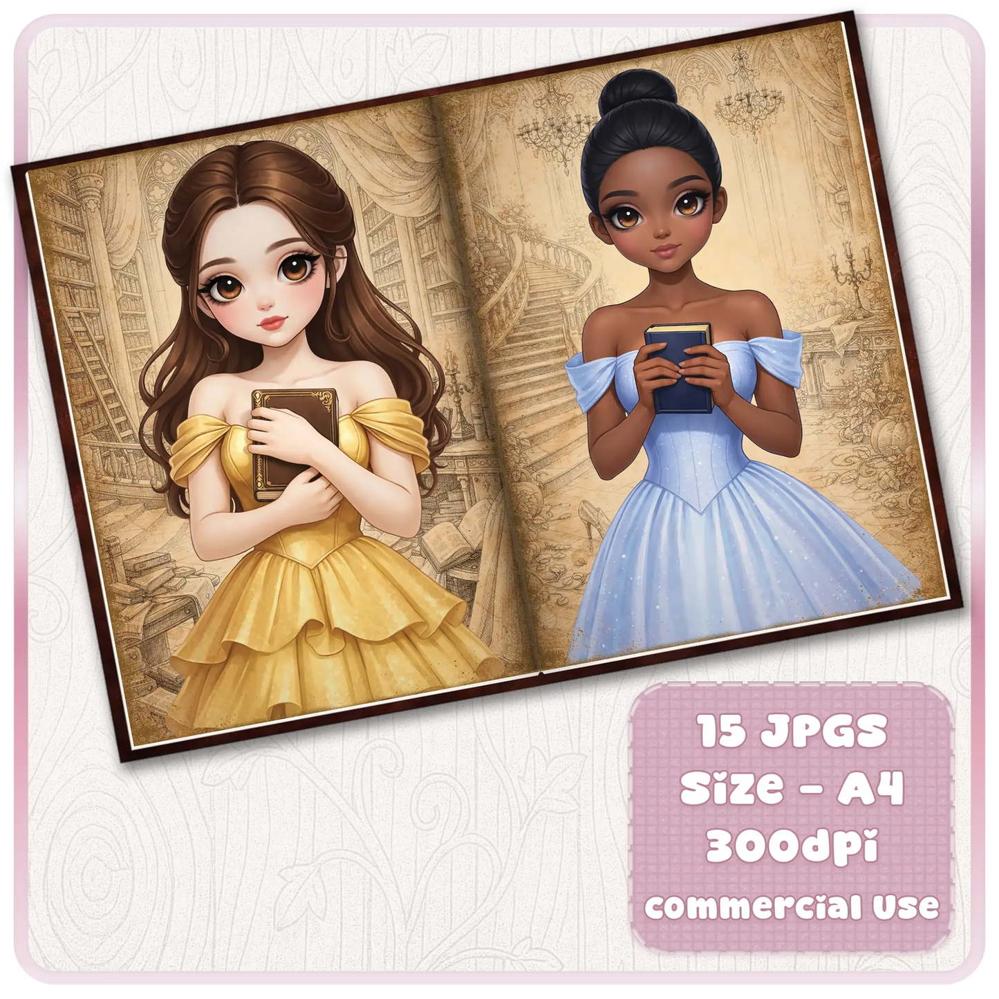 Cute fairytale princess journal pages with Belle-inspired girl and elegant blue dress character holding books, printable A4 scrapbook set