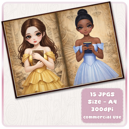Cute fairytale princess journal pages with Belle-inspired girl and elegant blue dress character holding books, printable A4 scrapbook set