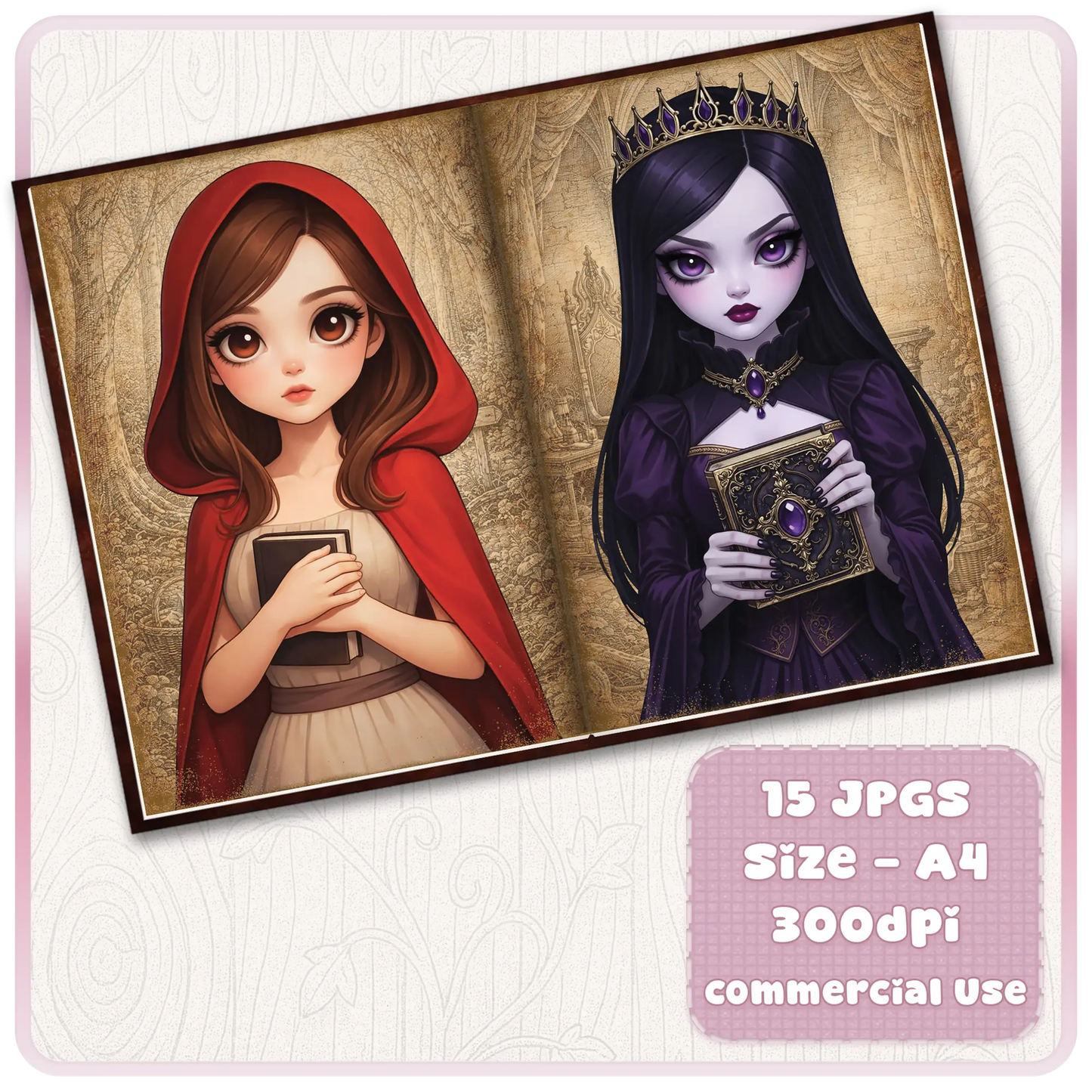 Little Red Riding Hood and dark gothic queen fairytale scrapbook pages, fantasy book-themed printable journal designs