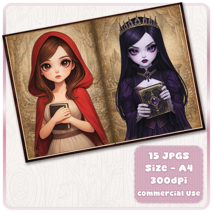 Little Red Riding Hood and dark gothic queen fairytale scrapbook pages, fantasy book-themed printable journal designs