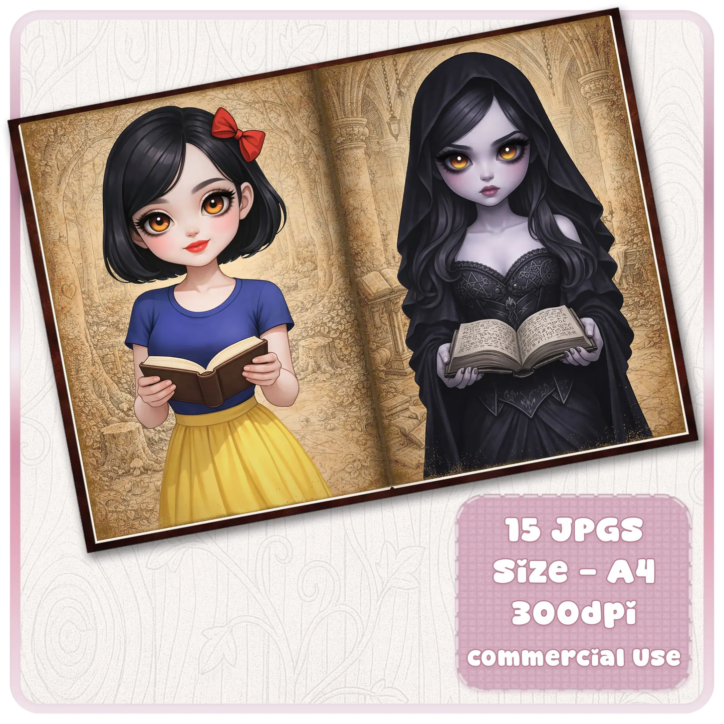 Snow White inspired girl reading book and dark fantasy hooded character, fairytale scrapbook printable pages for junk journaling
