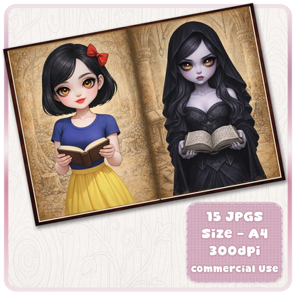 Snow White inspired girl reading book and dark fantasy hooded character, fairytale scrapbook printable pages for junk journaling