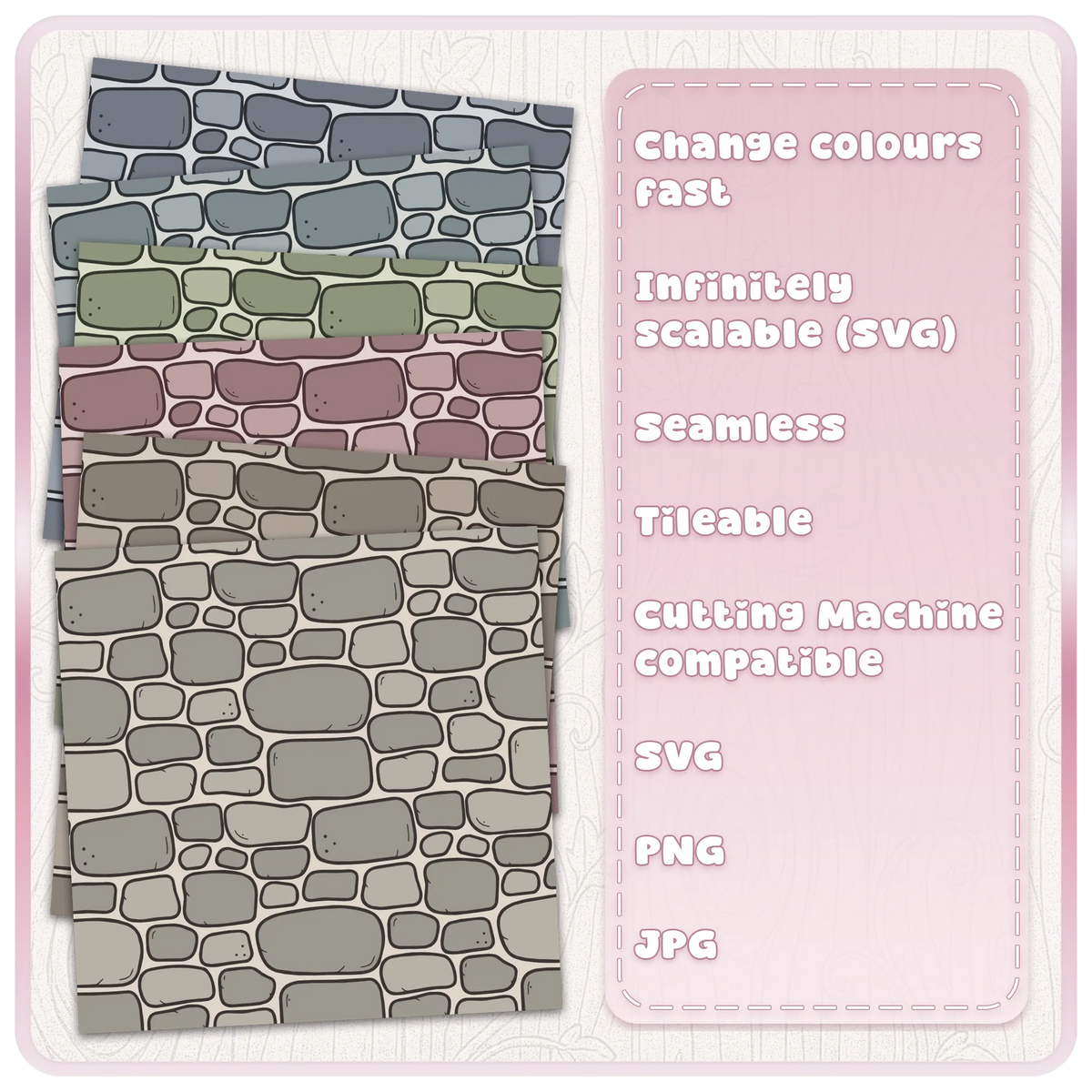 Fairytale stone wall seamless pattern shown in multiple colours with SVG PNG JPG file features