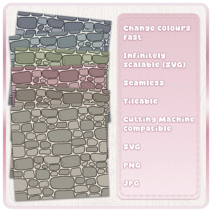 Fairytale stone wall seamless pattern shown in multiple colours with SVG PNG JPG file features