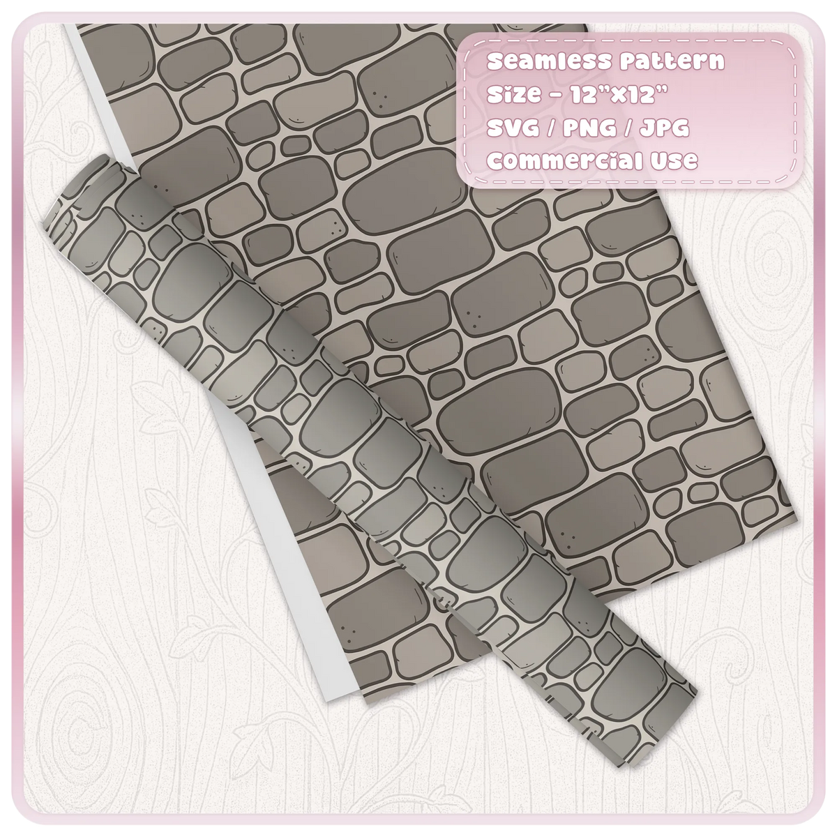Grey fairytale stone wall seamless pattern displayed on decorative wrapping paper and rolled craft paper