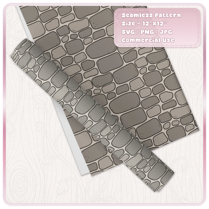 Grey fairytale stone wall seamless pattern displayed on decorative wrapping paper and rolled craft paper