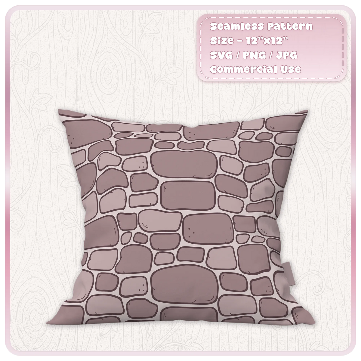 Dusty pink fairytale cobblestone pattern printed on a square cushion, seamless stone fabric design