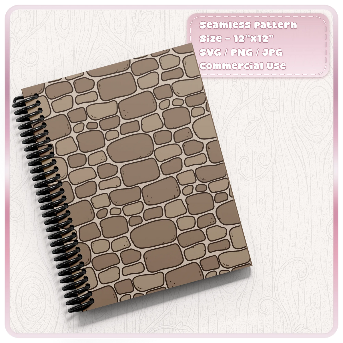 Brown fairytale stone wall seamless pattern on a spiral notebook cover, printable digital craft design