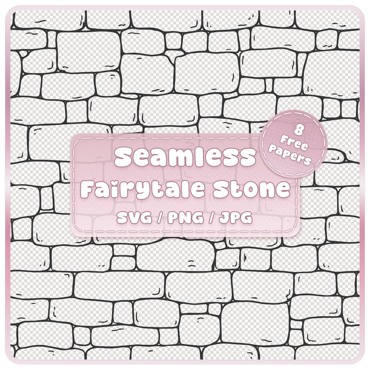 Seamless fairytale stone wall overlay with hand-drawn weathered stone bricks, SVG PNG JPG digital download