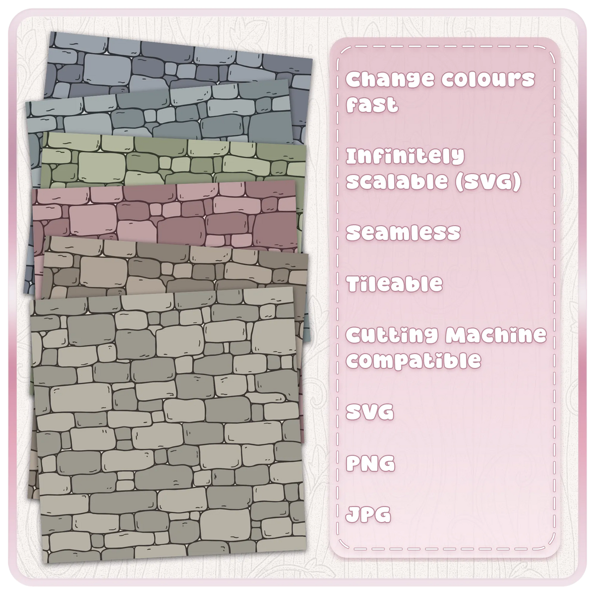 Fairytale castle stone wall pattern in muted grey, sage, pink and neutral colours with SVG PNG JPG formats
