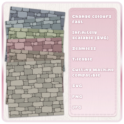 Fairytale castle stone wall pattern in muted grey, sage, pink and neutral colours with SVG PNG JPG formats