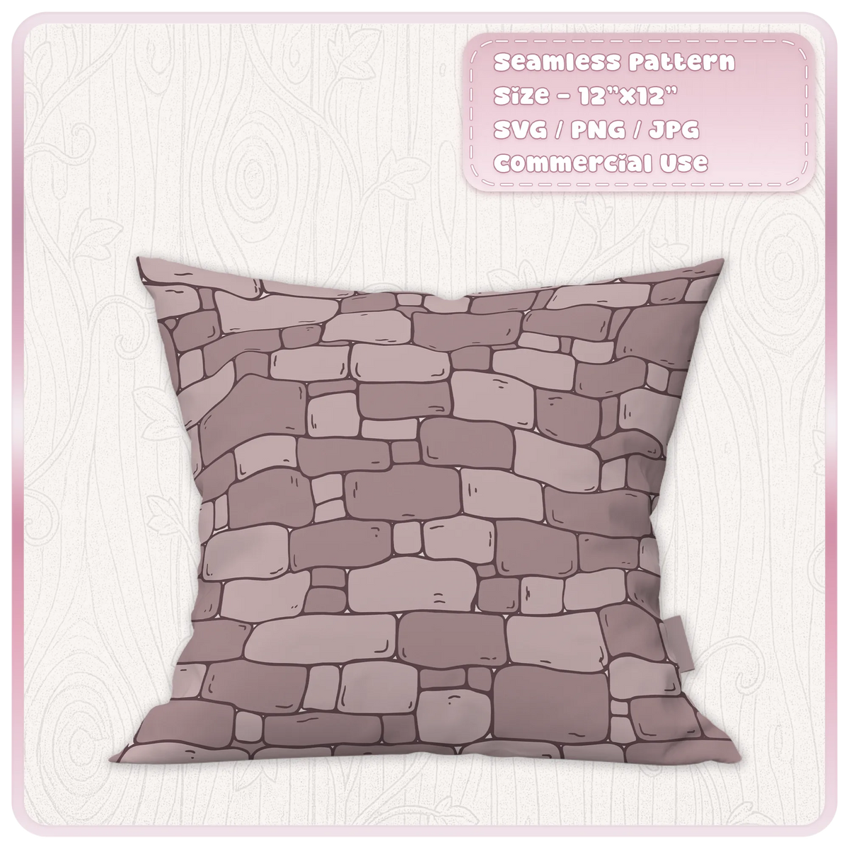 Dusty pink fairytale stone brick pattern on a square cushion, showing a seamless medieval fabric design