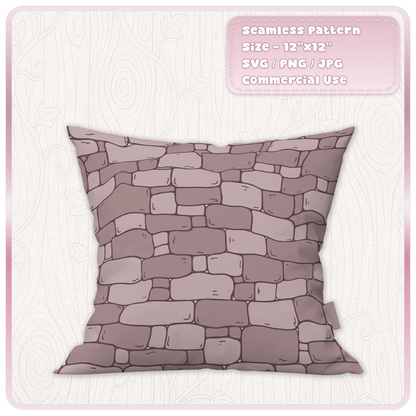 Dusty pink fairytale stone brick pattern on a square cushion, showing a seamless medieval fabric design
