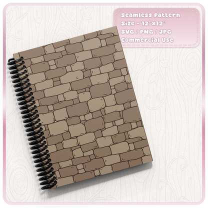 Brown hand-drawn stone wall pattern on a spiral notebook cover, fairytale printable craft paper design