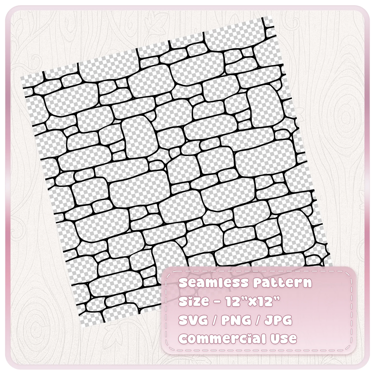 Transparent seamless medieval stone wall pattern displayed on a 12 by 12 inch sheet with SVG PNG JPG formats