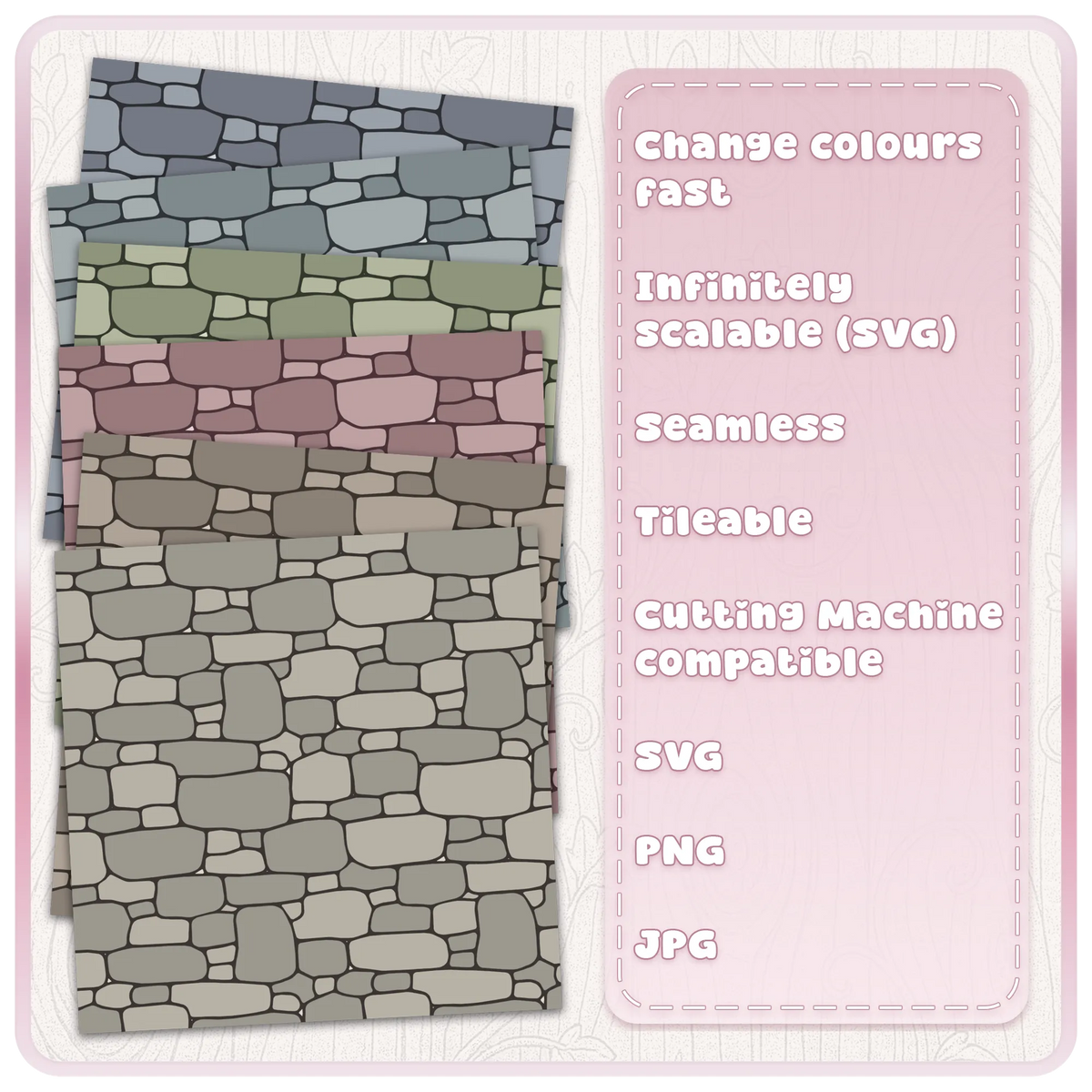 Fairytale stone wall pattern in multiple muted colours showing scalable seamless SVG and printable JPG designs