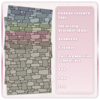 Fairytale stone wall pattern in multiple muted colours showing scalable seamless SVG and printable JPG designs