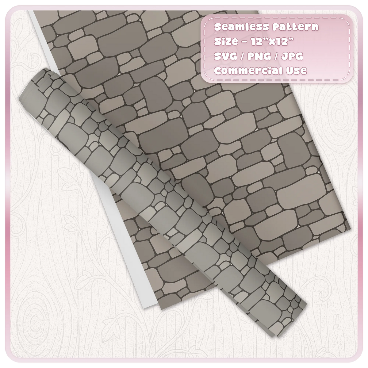 Grey medieval stone wall seamless pattern printed on decorative wrapping paper and rolled craft paper