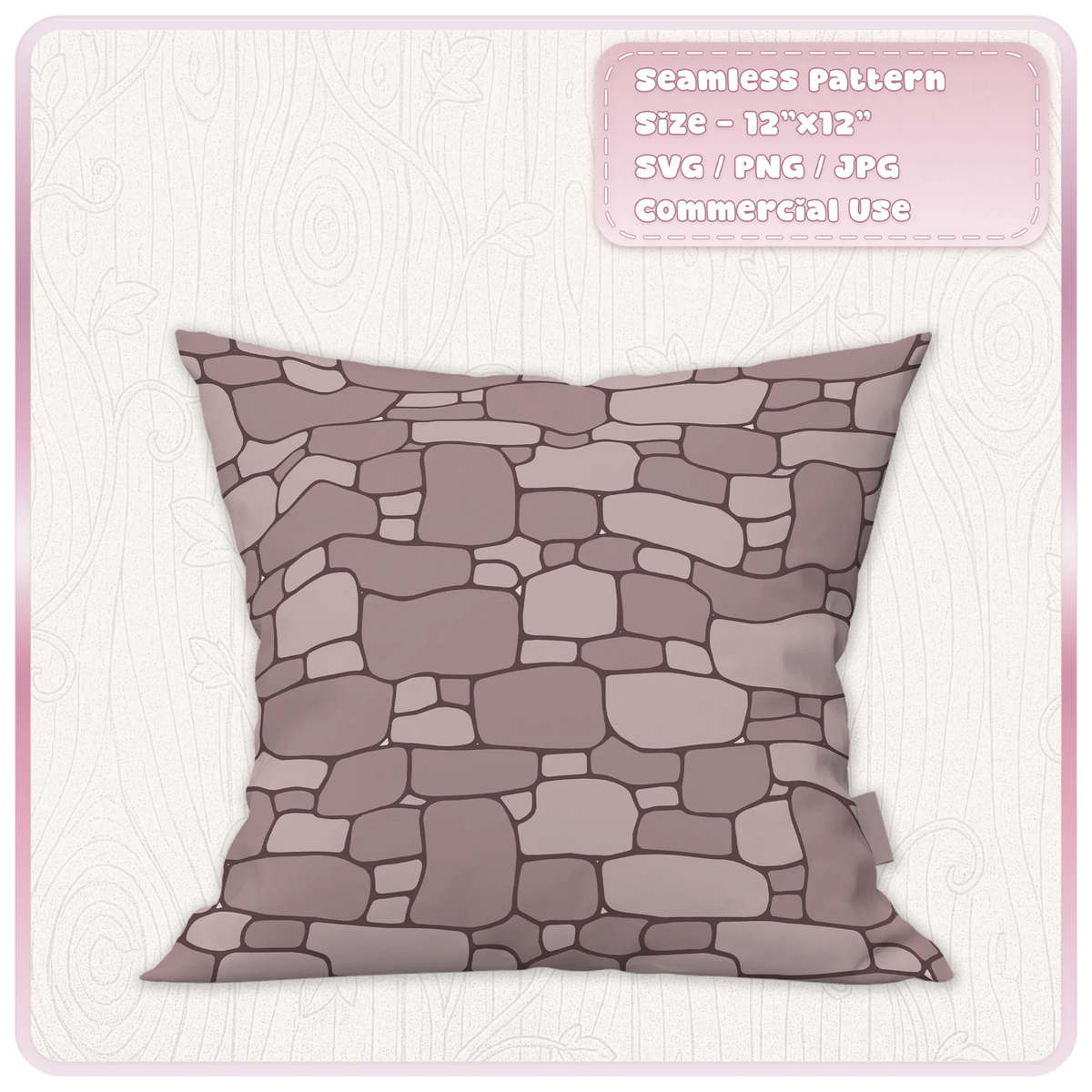 Dusty pink fairytale stone wall pattern on a square cushion, showing a seamless fabric print design
