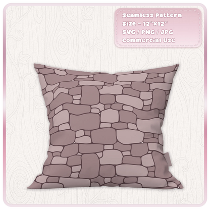 Dusty pink fairytale stone wall pattern on a square cushion, showing a seamless fabric print design