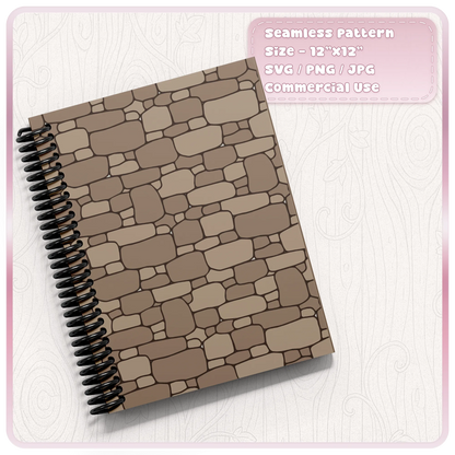 Brown medieval stone block pattern printed on a spiral notebook cover, fairytale digital paper design