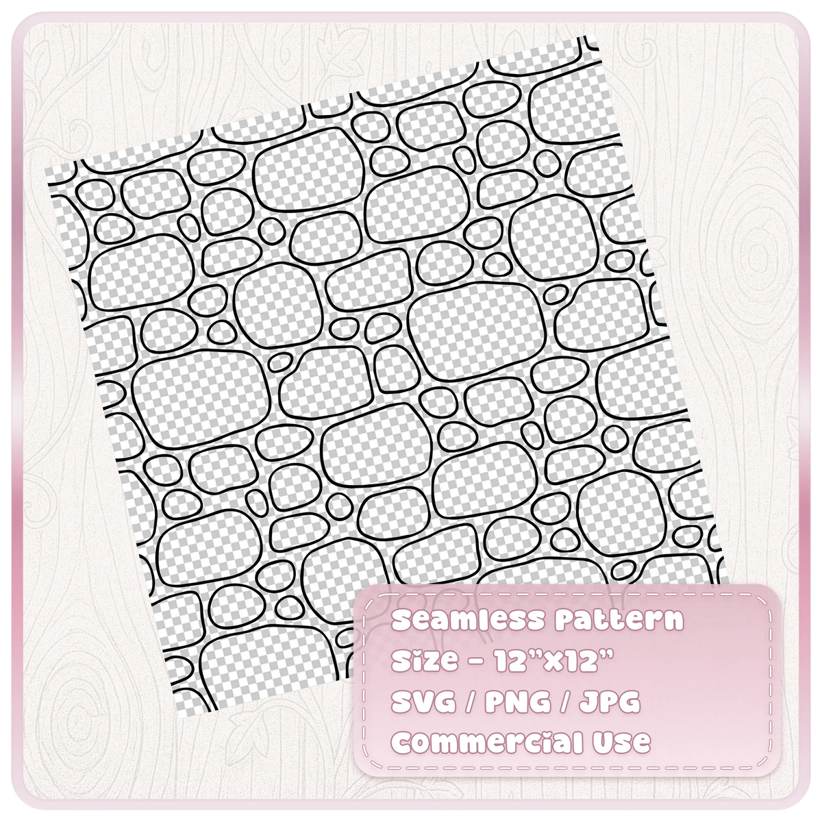 Transparent rounded cobblestone seamless pattern on a 12 by 12 inch sheet, fairytale stone wall SVG PNG JPG