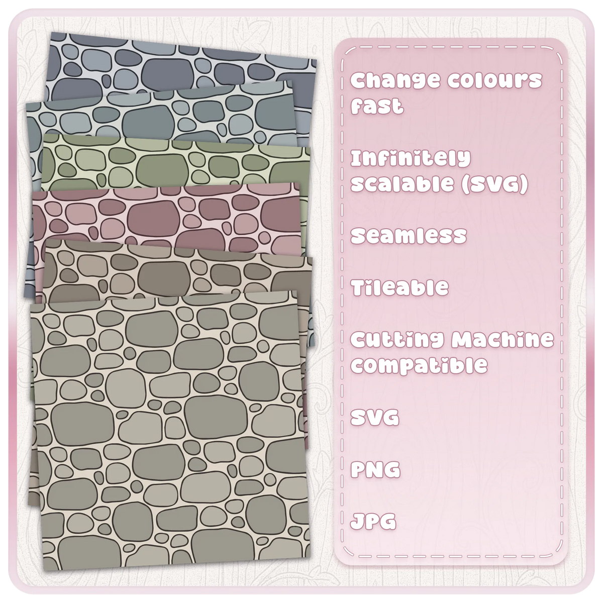 Fairytale cobblestone pattern shown in six muted colour examples with seamless SVG PNG JPG design features