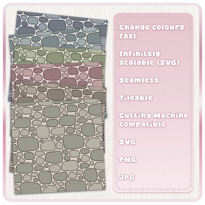 Fairytale cobblestone pattern shown in six muted colour examples with seamless SVG PNG JPG design features