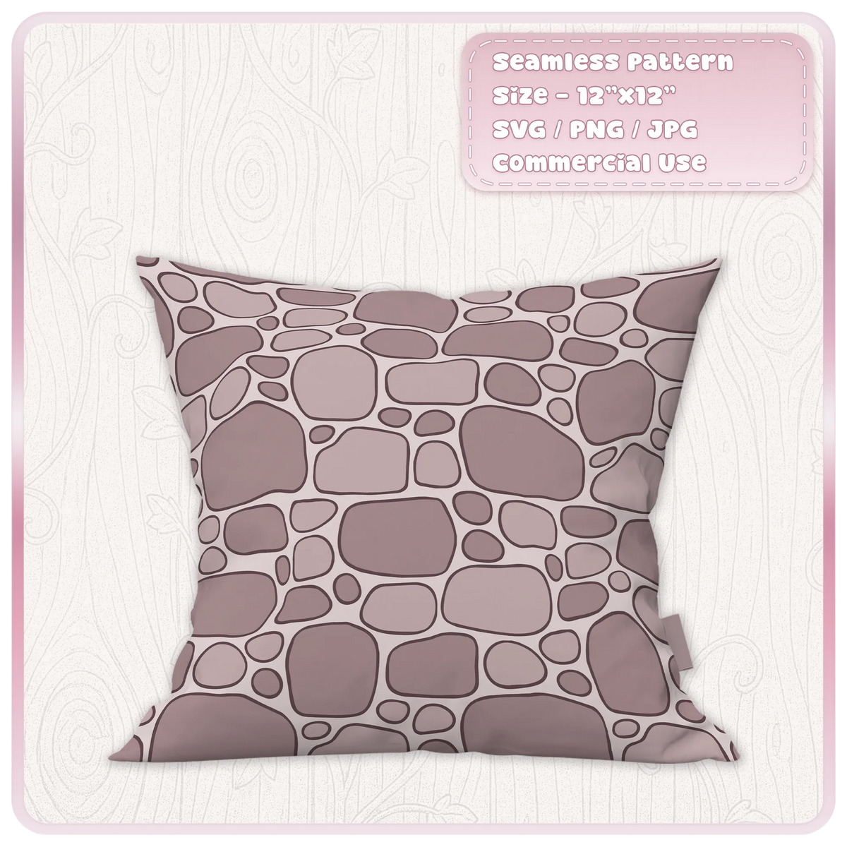 Dusty pink rounded stone and pebble pattern printed on a square cushion, fairytale seamless fabric design