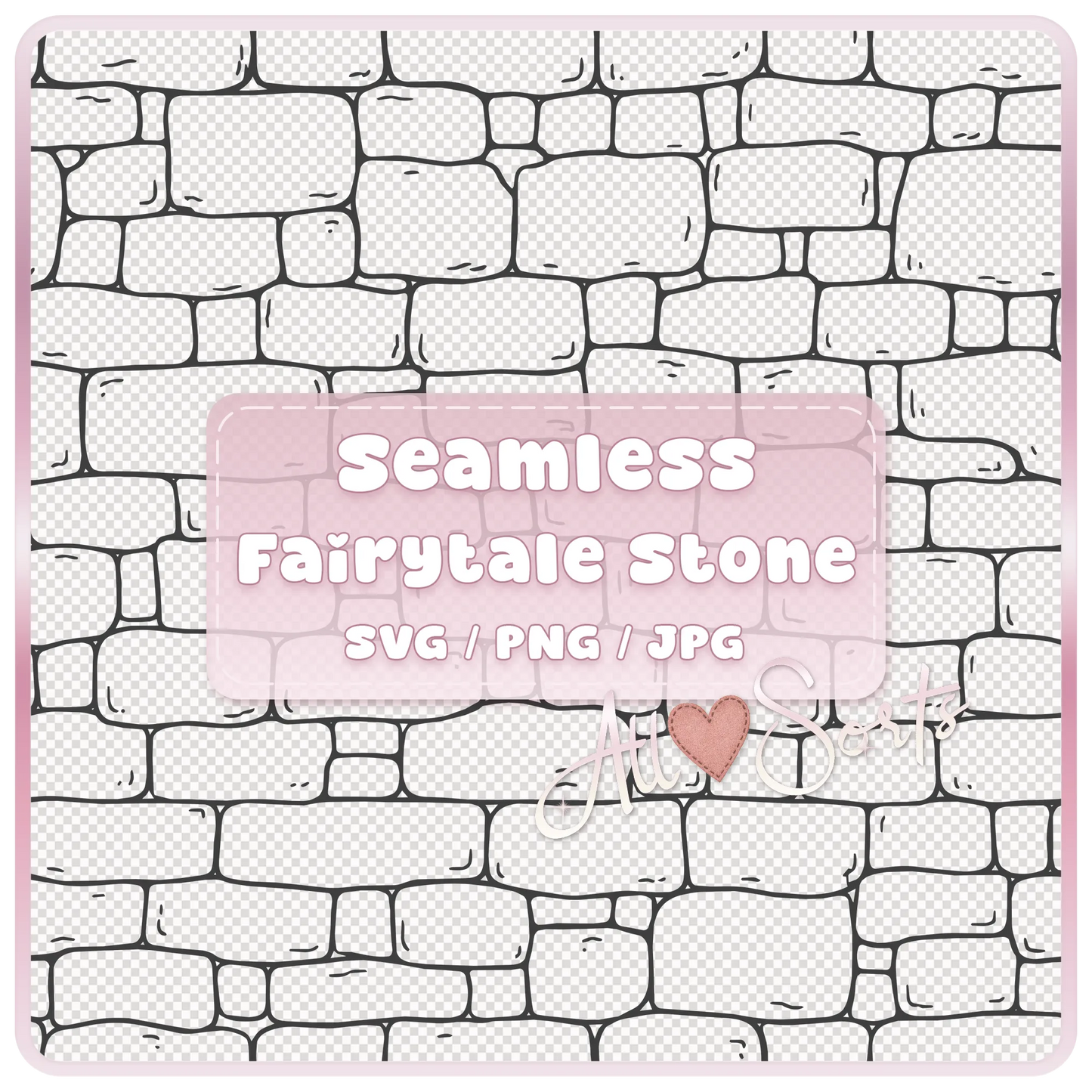 Seamless Fairytale Stone Pattern SVG PNG JPG digital download preview with hand-drawn tileable stone wall design and soft pink product label.