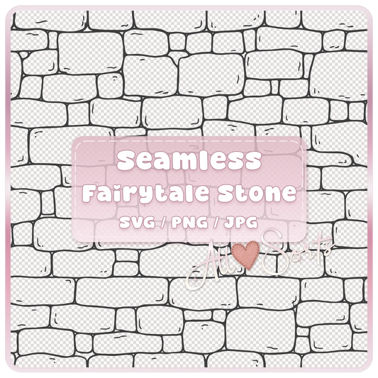 Seamless Fairytale Stone Pattern SVG PNG JPG digital download preview with hand-drawn tileable stone wall design and soft pink product label.