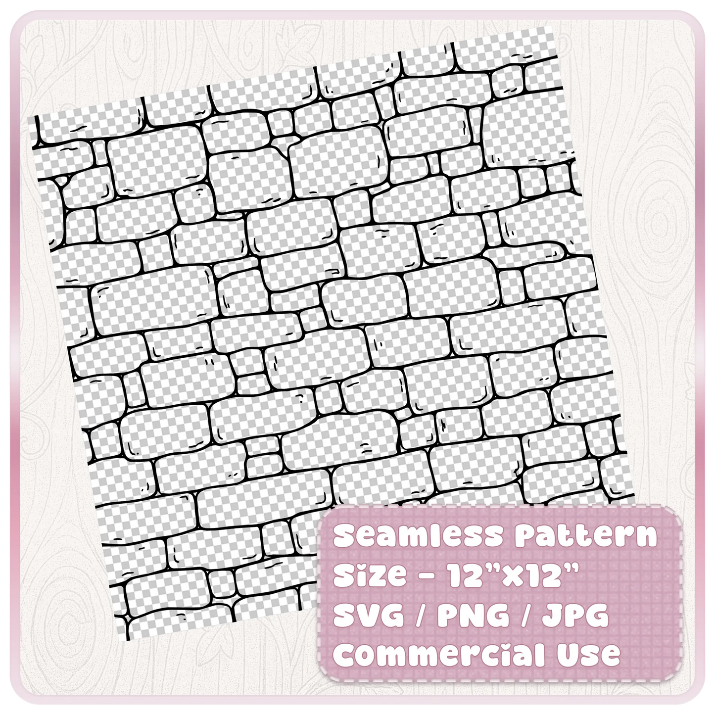 12 x 12 seamless fairytale stone wall pattern digital download showing transparent tileable SVG PNG JPG castle brick background.